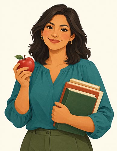 Teacher holding an apple and books
